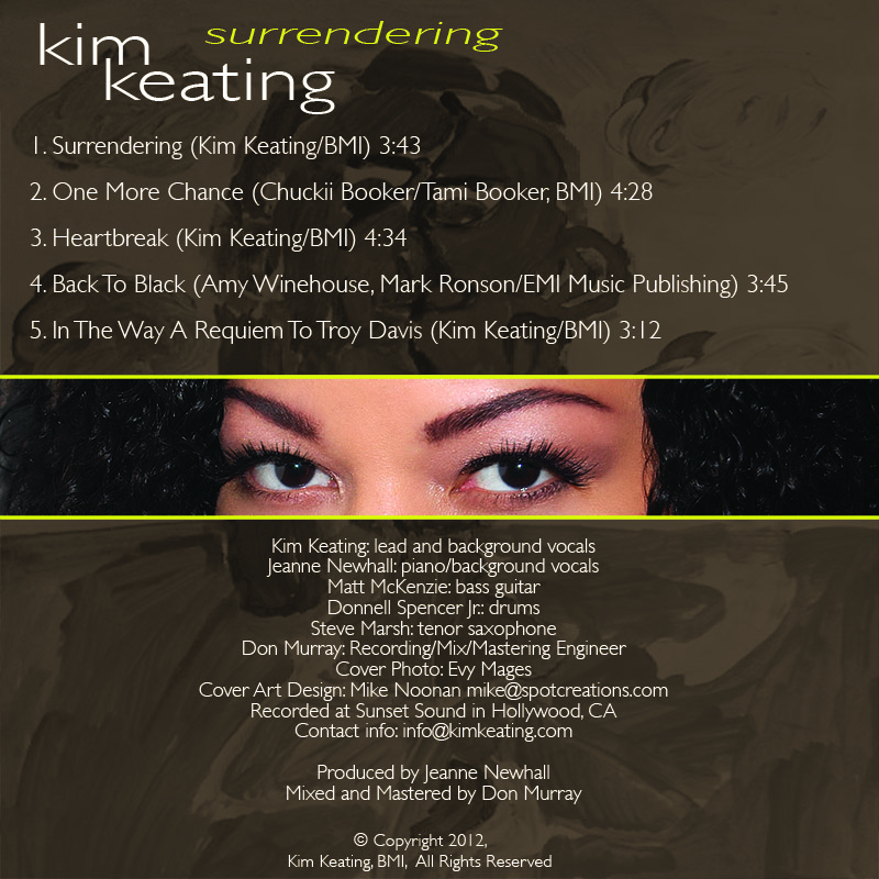 Kim Keating Surrendering CD Back Cover - Adobe Phtotoshop, Adobe Indesign, Adobe Illustrator Print Design